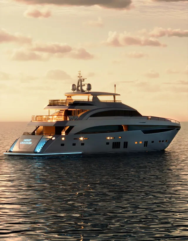 High‑quality 3D rendering of a luxury yacht on calm water at sunset