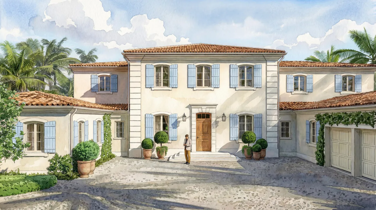 Watercolor rendering of the front courtyard at 228 Via Las Brisas