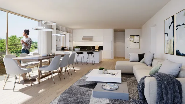 High‑quality architectural visualization of an open‑plan kitchen and dining area with contemporary furnishings and natural light
