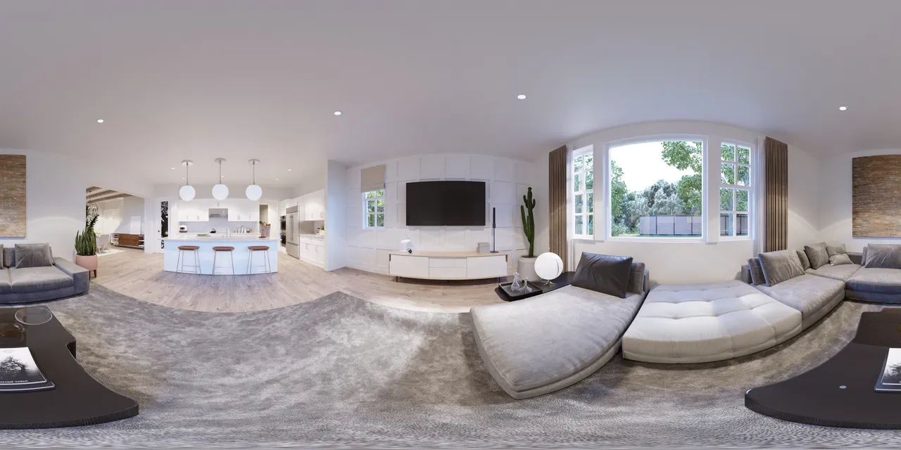 360° VR panoramic 3D visualization of an open‑plan kitchen and living space featuring a curved sectional sofa, central island with bar stools, media console, and wraparound view of garden windows.