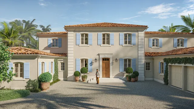 Photorealistic front courtyard rendering of the residence at 228 Via Las Brisas in Palm Beach