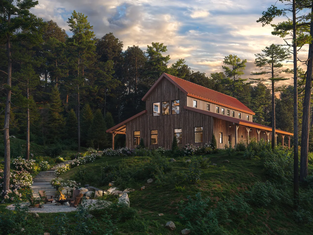 Photorealistic 3D exterior rendering of a modern barn-style home at dusk with warm interior lighting
