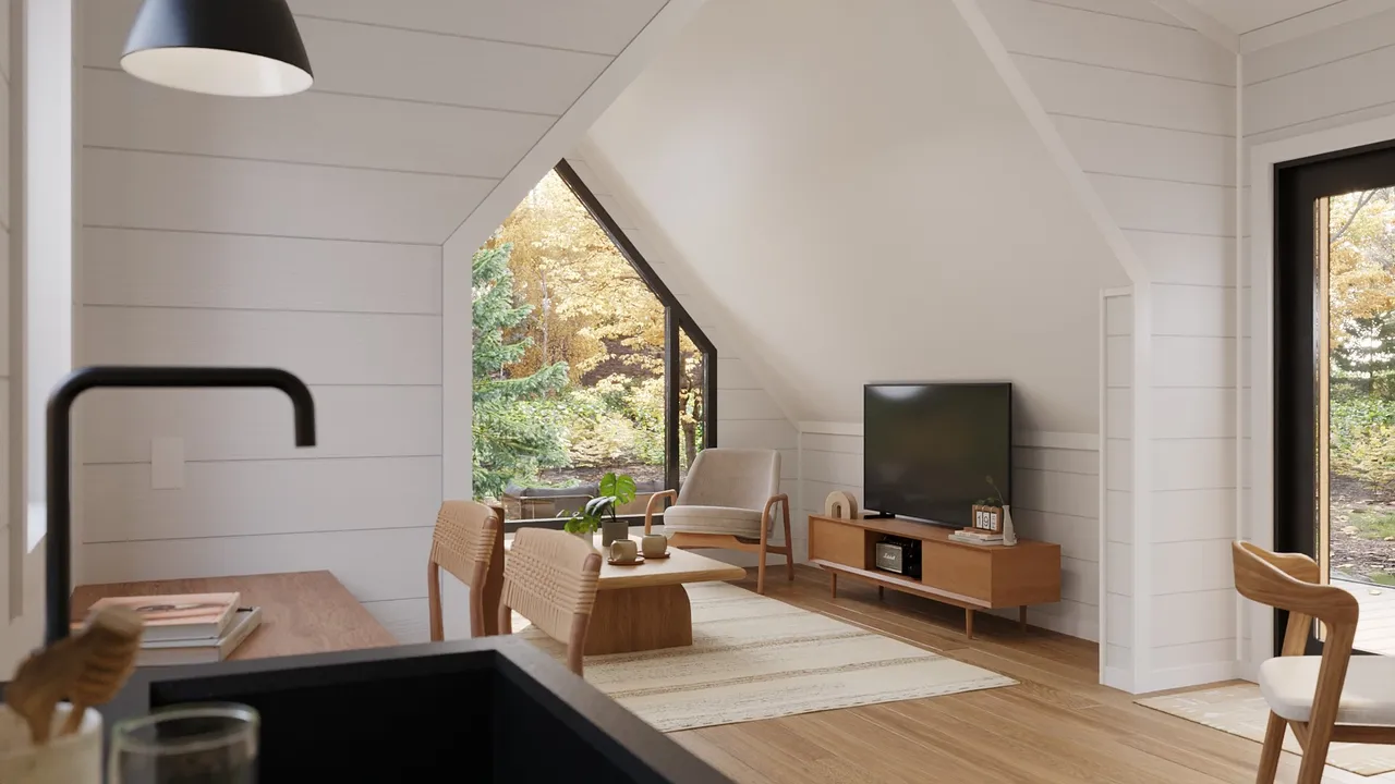 Photorealistic 3D rendering of a modern single-story home featuring wood and dark panel siding, large windows, and a landscaped front yard, set in a lush, forested environment under a clear blue sky.