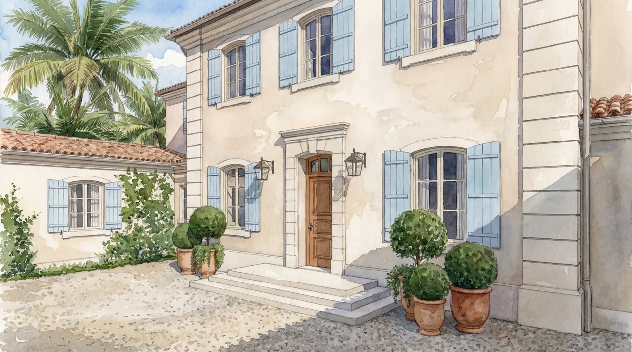 Watercolor rendering of the entrance driveway at 228 Via Las Brisas
