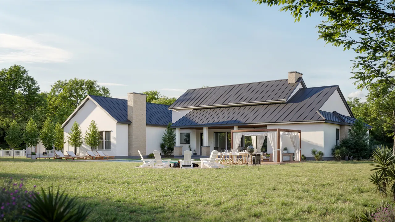 Photorealistic 3D rendering of a modern single-story home featuring wood and dark panel siding, large windows, and a landscaped front yard, set in a lush, forested environment under a clear blue sky.