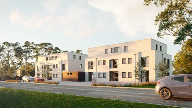 Photorealistic 3D rendering of contemporary multi‑unit residential townhomes with clean‑line facades along a suburban street