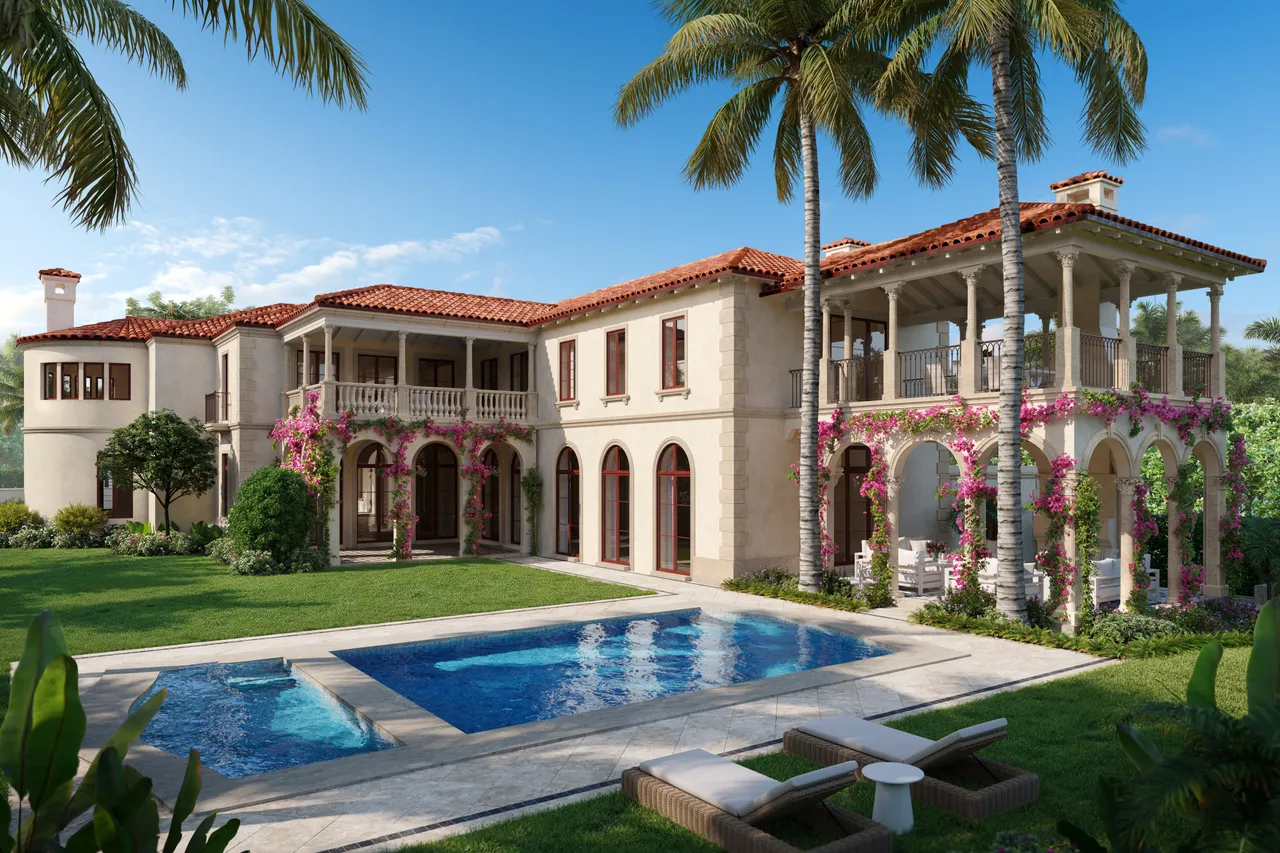 Poolside view of the rear facade at 1519 N Ocean Way framed by palm trees