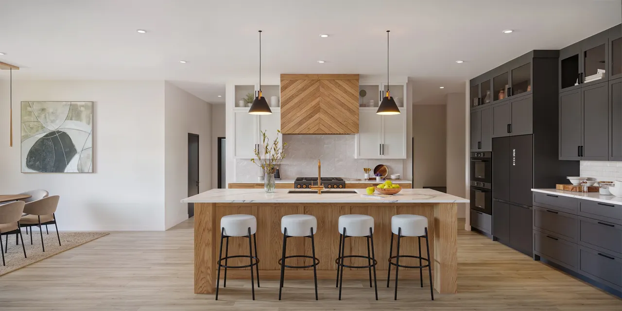 3D interior rendering of a modern open-plan kitchen with a walnut island, pendant lighting and bar seating