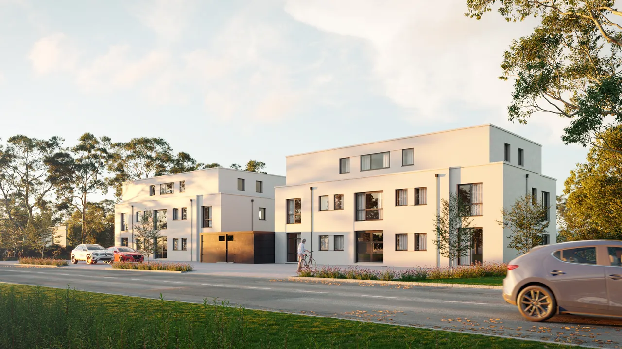 3D exterior rendering of two modern white multi-family residential buildings with flat roofs and wood-paneled garage entries, viewed from a tree-lined street with passing cars at golden hour