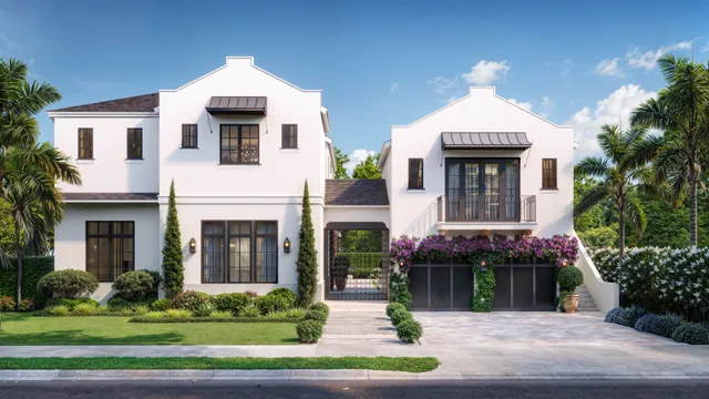 Photorealistic front exterior rendering of the custom home at 903 Upland Road in West Palm Beach