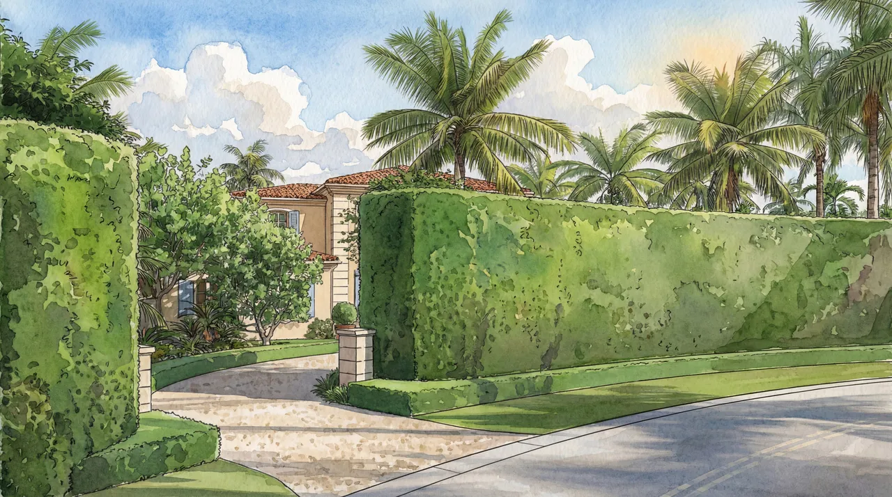 Watercolor street view of the Palm Beach residence framed by palms and hedges