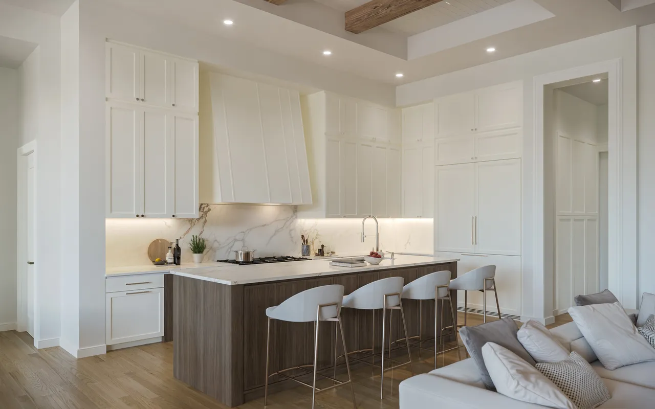 Open-plan kitchen and living area rendering at the Curlew Avenue residence