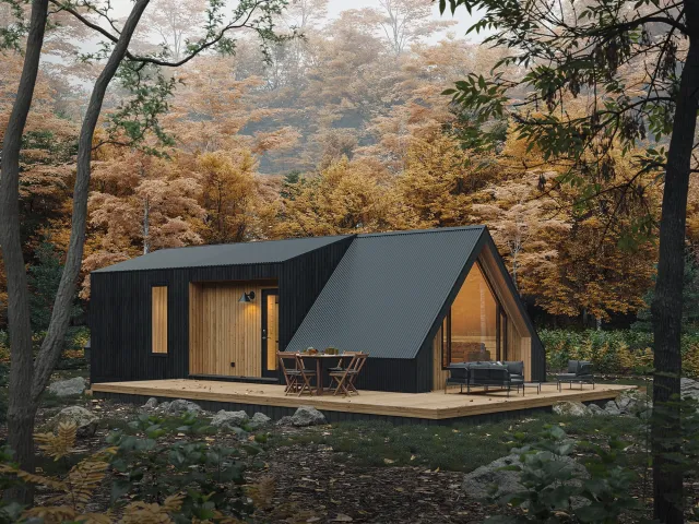 Photorealistic 3D rendering of a sleek forest cabin with wood and glass façade
