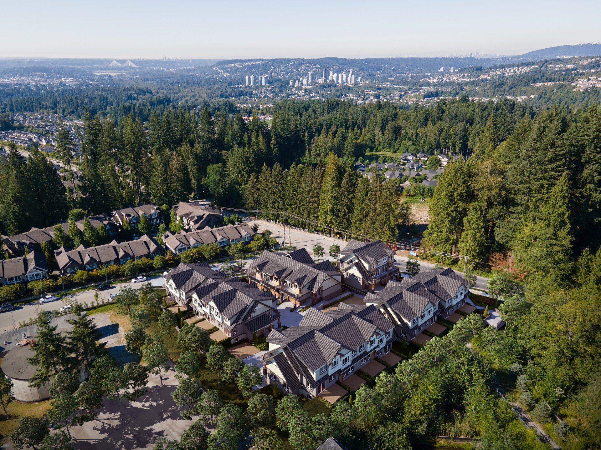 Aerial exterior rendering of a commercial development