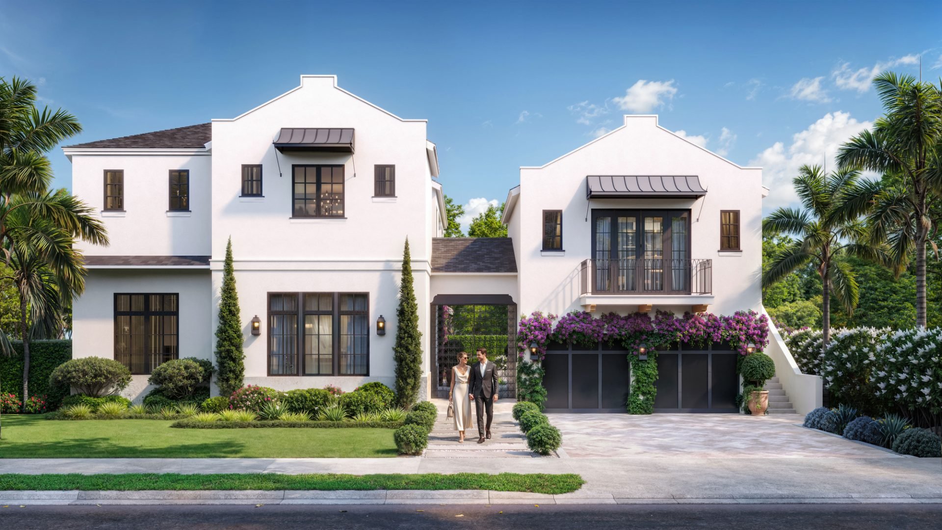Photorealistic exterior architectural rendering of a modern residential project at dusk