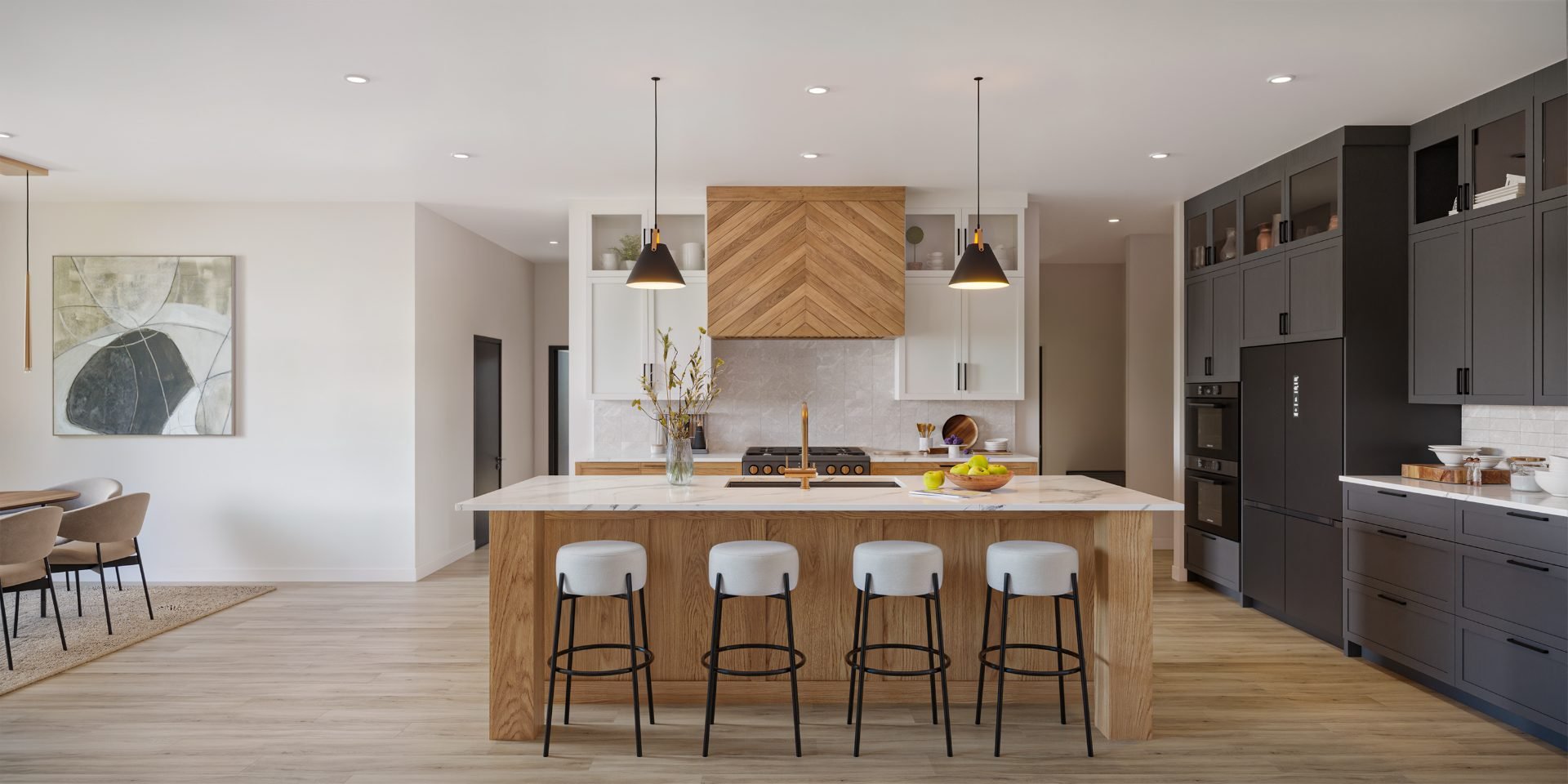 Interior rendering of a residential kitchen and living space