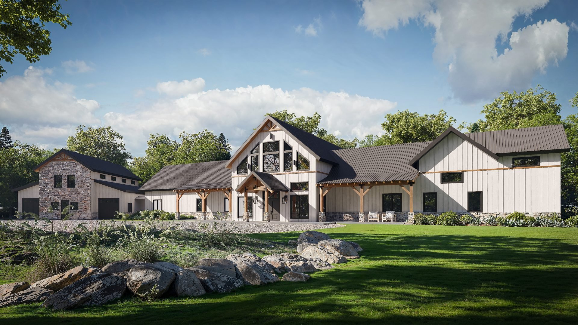 Twilight exterior rendering of a mixed-use building
